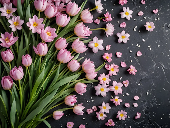 a bunch of pink flowers on a dark grey background